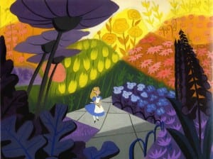 Little Alice lost among Wonderland flowers